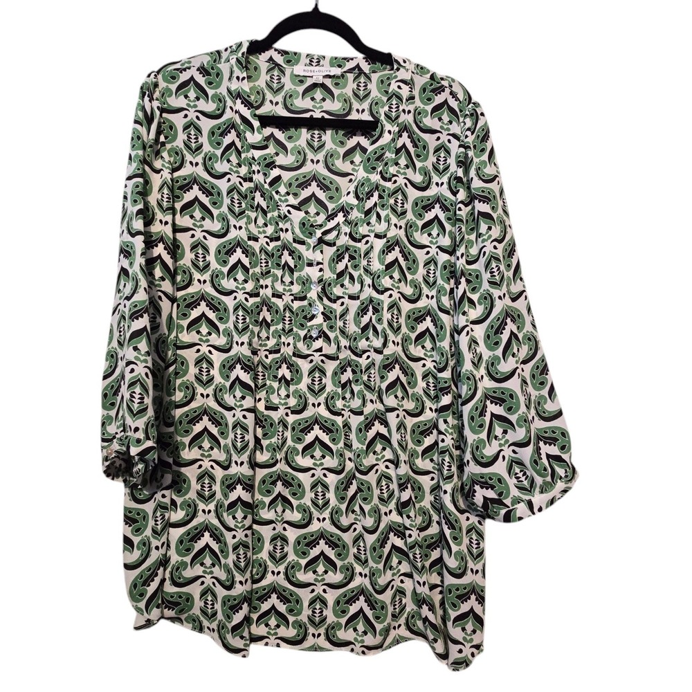 Rose Olive Womens Popover Floral Blouse Top 2X Green Chiffon Paisley Flowy Boho